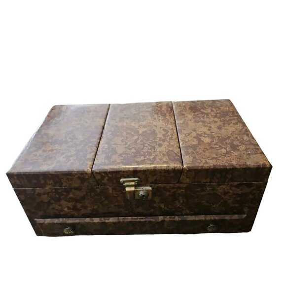 Vtg Jewelry Box Tri Fold Velvet Lined Gold Brown Marble Vinyl Mid Century - Picture 4 of 16